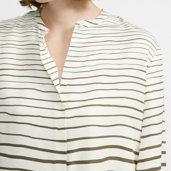 THEORY Popover Ivory/Olive Green Painted Stripe Silk Tunic Blouse Size Small - Picture 1 of 11